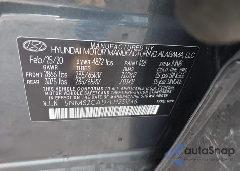 2020 Hyundai Santa Fe Se z USA, uszkodzony, nr VIN 5NMS2CAD7LH231746